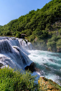 Scenic view of waterfall in forest against clear sky