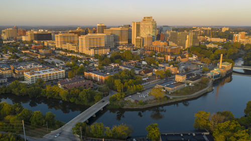 High angle view of buildings in city