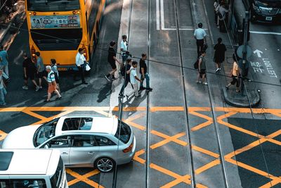 High angle view of people on city street