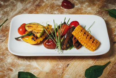 High angle view of food in plate on table