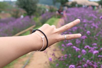 Close-up of hand gesturing peace symbol against purple flower field