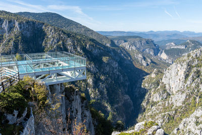 Aerial view of bridge and mountains against sky