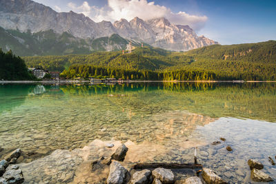 Scenic view of lake and mountains against sky