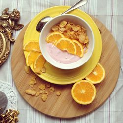 High angle view of breakfast served on table