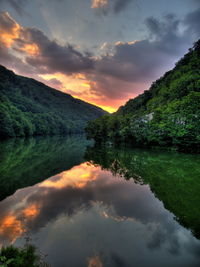 Scenic view of lake against sky during sunset