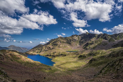 Scenic view of land and mountains against sky