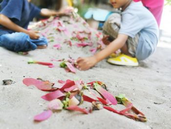 Low section of boys playing with petals on sand
