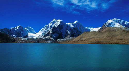 Scenic view of snowcapped mountains against blue sky