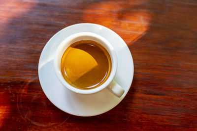 High angle view of tea cup on table