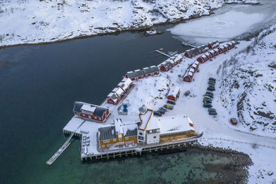 High angle view of ship in sea during winter