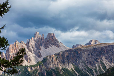 Scenic view of rocky mountains against cloudy sky