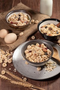 High angle view of breakfast served on table