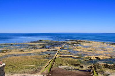 Scenic view of sea against clear blue sky