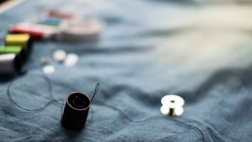 High angle view of buttons on table