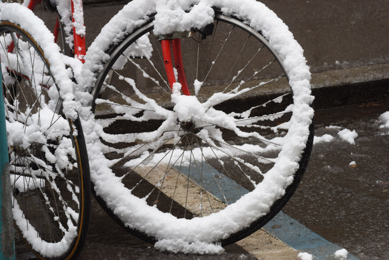 CLOSE-UP OF SNOW ON BICYCLE WHEEL