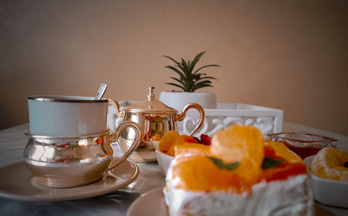 Close-up of breakfast served on table