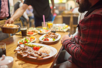 High angle view of food served on table