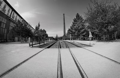 Railroad tracks by trees against sky