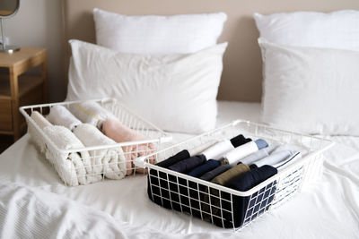 High angle view of empty bed at home
