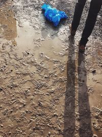 Low section of man walking on wet sand at beach