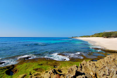 Scenic view of sea against clear blue sky