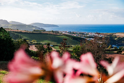 High angle view of townscape by sea against sky