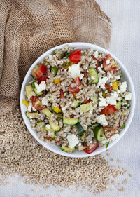 Mediterranean style pearl barley salad with feta and roasted baby marrow