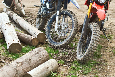 High angle view of bicycle in forest