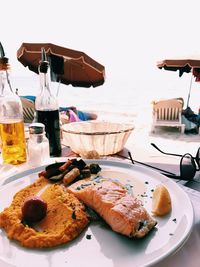 Close-up of food served on table