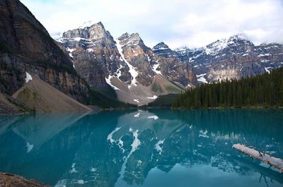 Scenic view of lake and snowcapped mountains against sky