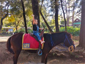Cute girl sitting on horse against trees