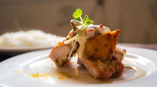 Close-up of served food in plate