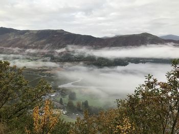 Scenic view of trees and mountains against sky