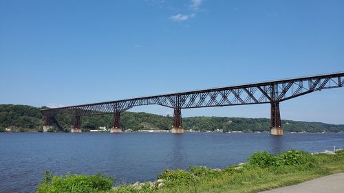 Bridge over river against clear blue sky