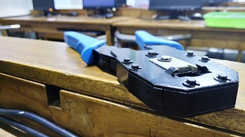 High angle view of toy car on table