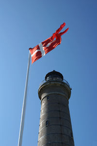 Low angle view of lighthouse against clear blue sky