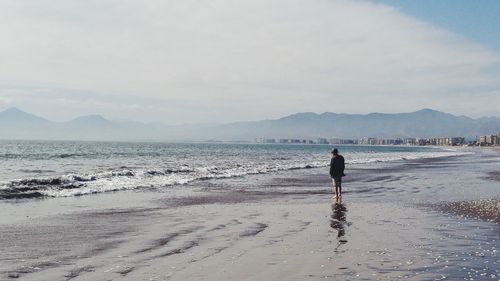 Rear view of man on beach against sky