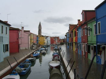 Boats moored in canal amidst buildings against sky