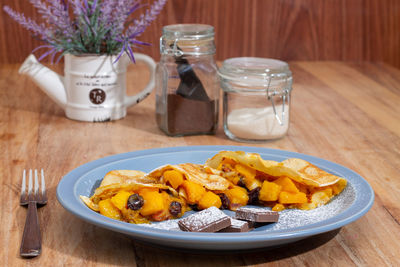 Close-up of breakfast served on table