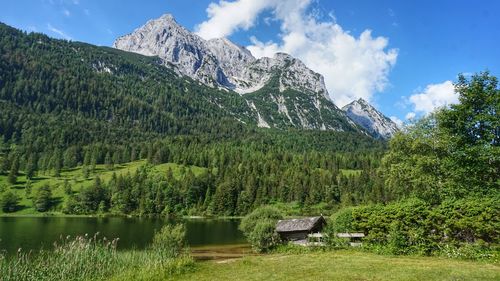 Scenic view of lake by trees against sky