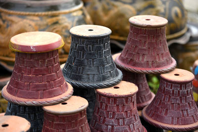 Close-up of stack of chess
