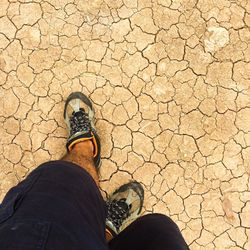 Low section of man standing on cracked land