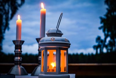 Close-up of illuminated lantern at dusk