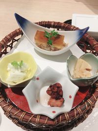 High angle view of dessert in plate on table