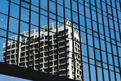 Low angle view of modern building against clear blue sky