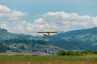 Wangen-lachen, switzerland, may 26, 2024 hb-kmj tecnam p2008-jc propeller plane on a small airfield