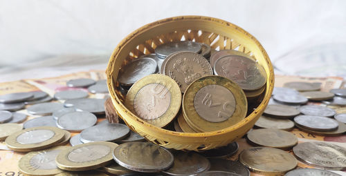 High angle view of coins