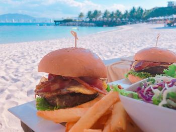 Close-up of burger on table