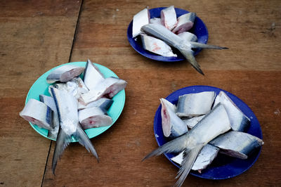 High angle view of fish on table