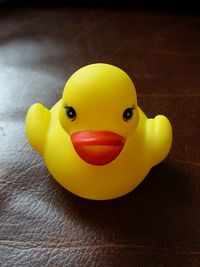 Close-up of yellow bird on table